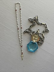 Antiqued Silver Tone Toggle Necklace Madonna & Child Locket W/ Tiny Rosary