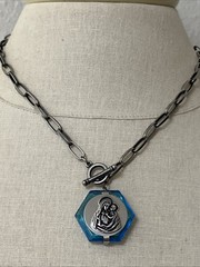 Antiqued Silver Tone Toggle Necklace Madonna & Child Locket W/ Tiny Rosary
