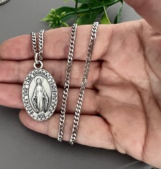 SILVER Large 1.25″ Miraculous Medal Mary Pendant Necklace ITALY & 24″ Curb Chain