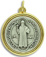 1.50″ 18K Gold Plated/Silver Oxidized St Benedict Medal & Holy Card of Benedict