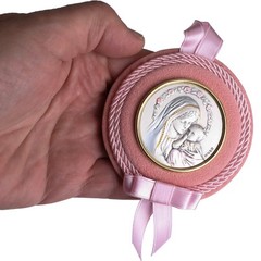 Baby Girl Crib Medal Mary Child Icon With Pink Ribbon 3.25″ Catholic Gift Italy