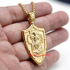 Gold St Saint Michael Archangel Medal Medallion Pendant Necklace Stainless Steel