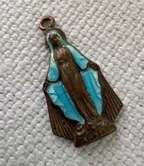 Vintage Miraculous Medal Charm / Pendant Virgin Mary Blue Enamel on Brass 1830?