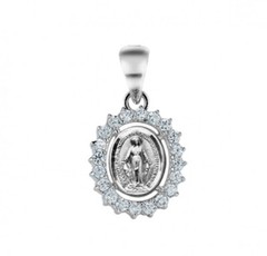 Sterling Silver Miraculous Medal with Cubic Set Clear Zirconia US Made, Gift Box