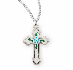 Sterling Silver Budded Latin Style Enamel 0.8″ Cross, 18″ Chain, US Made, Boxed