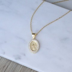 Miraculous Medal 14k Gold over Silver Virgin Mother Mary Pendent Necklace cz set