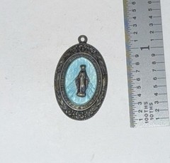 Antique Art Deco Sterling Silver Miraculous Mary Medal Blue Enamel
