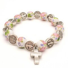 Cute Flower Ceramic Beads Cross Pendant Saint St Benedict Medal Stretch Bracelet