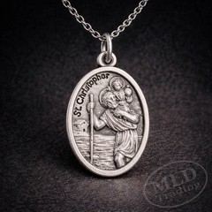 Saint St Christopher Protect Us Oval Silver Medal Pendant Necklace 18″ Chain