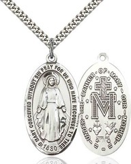 Sterling Silver Miraculous Mary Catholic Oval Medal Pendant Necklace 24″Chain