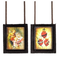 Holy Family & JMJ Three Hearts Genuine Brown Wool Scapular 1514-978