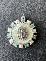 Vintage Miraculous Virgin Mary Religious Pendant Faux Pearl Aqua Rhinestone MOP