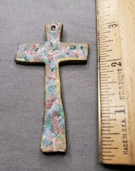 Vintage Medal Pendant Roses Painted Ceramic Cross Religious Christian A49