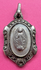 Antique Catholic Medal Virgin Mary Sterling Silver & Marcasites 1″ Tall