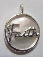 vintage silver tone metal mother of pearl Faith religious pendant 54509