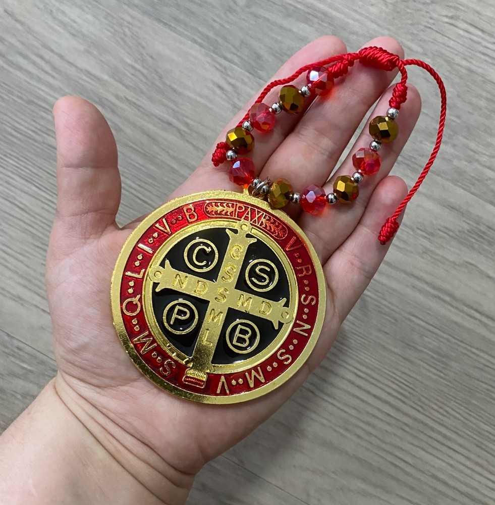 Catholic St Benedict Large 3” Medal Golden Tone Black Red Medalla de San Benito
