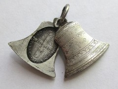 VINTAGE SAINT BENEDICT SILVER PLATE CHURCH BELL SLIDE LOCKET MEDAL PENDANT CHARM
