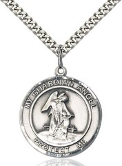 Sterling Silver Guardian Angel w/ Child Round Medal Pendant Necklace 24» Chain