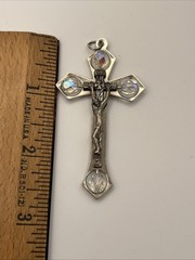 Jesus Christ Crucifix Beaded Silver Tone Metal Pendant Italy 2.5” Catholic