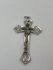 Jesus Christ Crucifix Beaded Silver Tone Metal Pendant Italy 2.5” Catholic