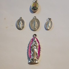 Lot of 5 Christian Religious Medals Virgin Mary Saint Silver Tone Pink Inscribed