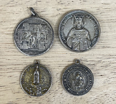 4 Religious Coins Charm Pendant Antique Vintage Italy Sterling? Silver-Plate?