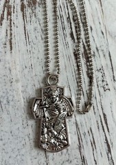 St Michael Cross 2″ In Pendant Protect Us on Bead Ball Chain w/ Velour Bag