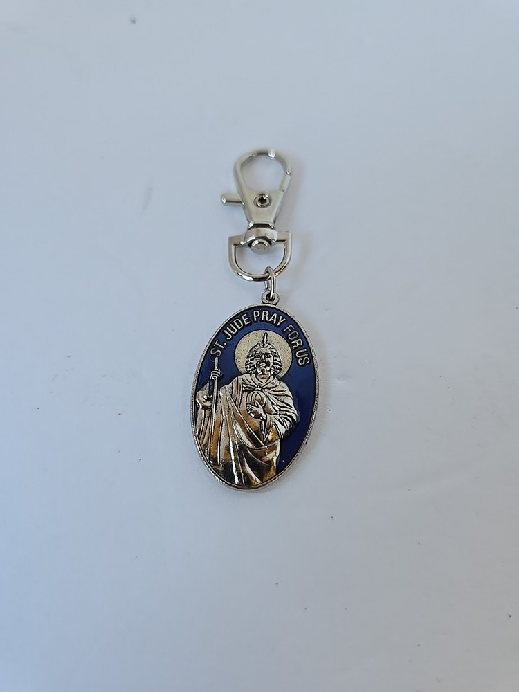St Jude St Anthony Pray For Us Key Ring Zipper Pull Charm Blue Silver-tone Metal