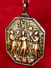 RARE SPANISH COLONIAL 7 ARCHANGELS & CATHOLIC HOLY TRINITY ANTIQUE BRONZE MEDAL