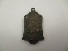Antique Vintage Religious Medal Charm Mother Mary Jesus Blue Enamel Silver Plate