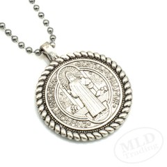 Knot Border Saint St Benedict Medal Pendant Necklace 24″ Ball Chain Silver Tone