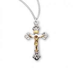 Flare Tipped Sterling Silver Two Tone 1″ Crucifix, 18″ Chain, US Made