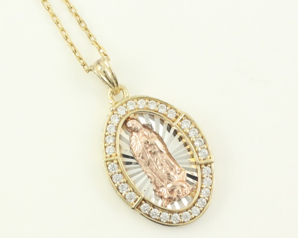 Lady of Guadalupe Medal Necklace 925 Silver Vermeil Lab-Created Cubic Zirconia