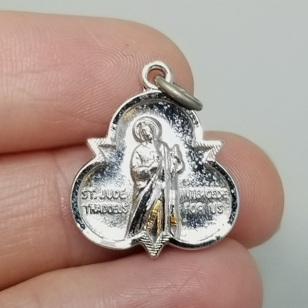 Vintage Saint St Jude Thaddeus Intercede For Us Medal Pendant Charm Silver Tone