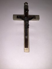 Vintage Italy Brown Enamel Crucifix Cross Pendant Catholic Silver Tone 3.5”