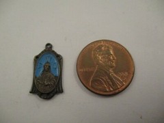 Antique Vintage Religious Medal Charm Mother Mary Jesus Blue Enamel Silver Plate