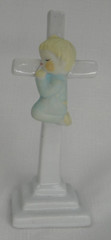 Ceramic Praying Boy Cross Figurine Bisque 5-1/4 Inch Tall Blonde Blue