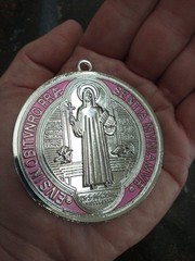 Catholic St Benedict XXL Very Large Medal Pink And Blue Color