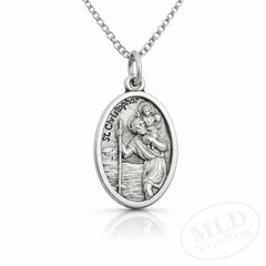 Saint St Christopher Protect Us Oval Silver Medal Pendant Necklace 18″ Chain