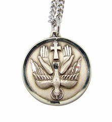 Sterling Silver Holy Spirit Dove with The Our Father Hands Medal, 7/8 Inch