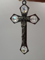Jesus Christ Crucifix Beaded Silver Tone Metal Pendant Italy 2.5” Catholic