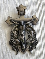 Vintage Silver Tone Crucifix Stick Pin Catholic Jesus Angels INRI Religious 3in