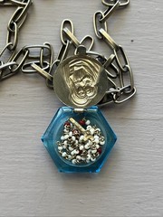 Antiqued Silver Tone Toggle Necklace Madonna & Child Locket W/ Tiny Rosary