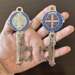 2Pcs/Set Silver Blue Enamel Double Side Saint Benedict 12cmX5cm Key Blessing