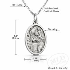 Saint St Christopher Protect Us Oval Silver Medal Pendant Necklace 18″ Chain