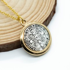 Saint St Benedict Medal Silver And Gold Pendant Necklace w 24″ Link Chain
