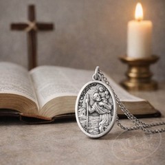 Saint St Christopher Protect Us Oval Silver Medal Pendant Necklace 18″ Chain