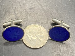 VINTAGE STERLING SILVER BLUE GUILLOCHE ENAMEL SAINT CHRISTOPHER MEDAL Cufflinks