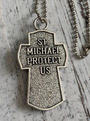 St Michael Cross 2″ In Pendant Protect Us on Bead Ball Chain w/ Velour Bag