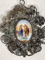 Antique Italian Silver Filigree Pendant Saint John Christ Gold Medal Virgin Mary
